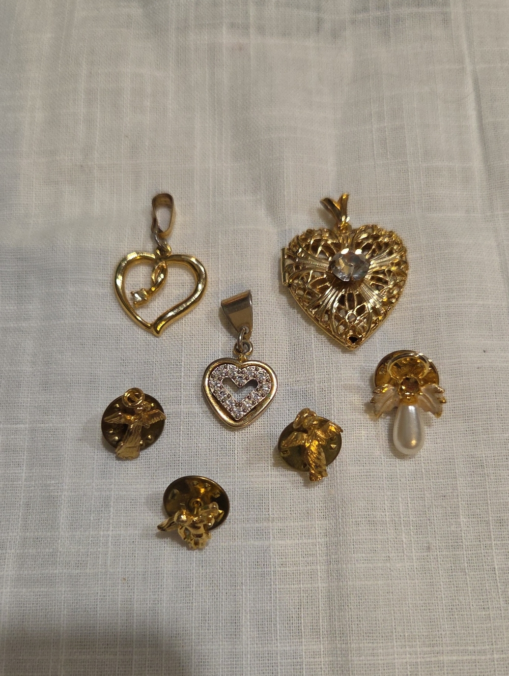 Gold Heart Pendant Necklace Charm - Gold Tone And Angel Tack Pins